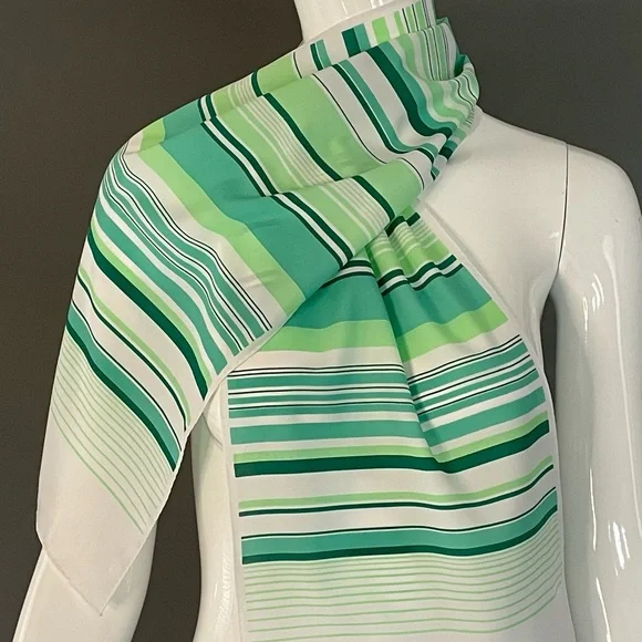 Super Cute Vintage Greens Stripes Poly Scarf 10 In by 46 Exc Condition - Picture 5 of 8